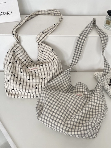 Damen Karierte Canvas Tote Bag Große Kapazität Lässige Schultertasche Mit Herzmuster Magnetverschluss Seersucker Stoff