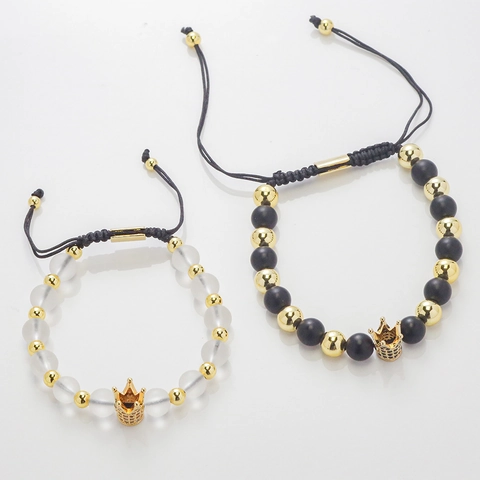 Bracciale Con Perline Corona Pietra Naturale Rame Micro Pavè Zircone Corda Intrecciata Regolabile Gioielli Coppia