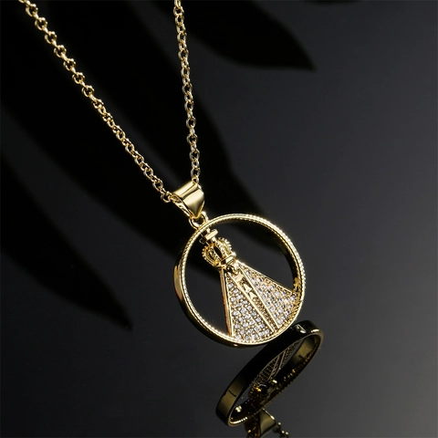 Collier Pendentif Notre Dame D'Aparecida Cuivre Plaqué Or Véritable Religieuse Vierge Marie Avec Zircon Pour Femmes