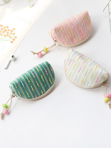 Mini Coin Purse Shell Shape Woven Fabric Striped Embroidery Zipper Pouch Earphone Storage For Women