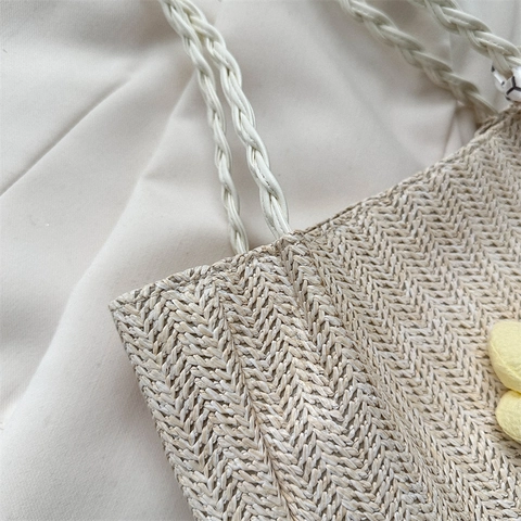 Dames Stro Geweven Tote Tas Grote Capaciteit Strandvakantie Handtas Met Bloemenhanger En Gedecoreerde Satijnn Sjaal