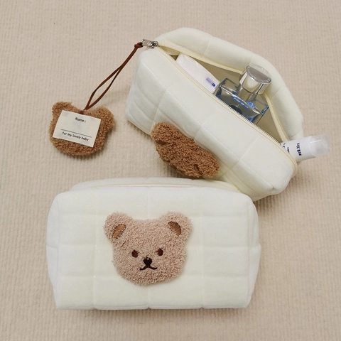 Cute Bear Embroidered Pencil Case Plush Flannel Quilted Makeup Bag Zippered Multi-purpose Storage Pouch Students Women