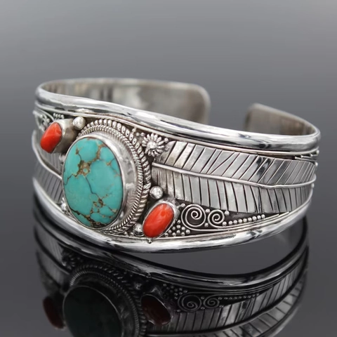 Bracciale Rigido Aperto Vintage Bohemien Con Piuma e Foglia Intagliata Turchese Intarsiato Lega Argentata Gioielli Etnici