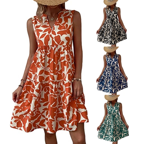 Women Bohemian V-Neck Sleeveless Floral Print Midi Dress Pleated Tiered A-Line Pullover Loose Vacation Beach Party Dress
