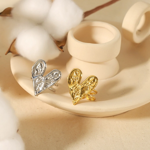 Edelstahl Herz Schmuck Halskette Und Verstellbarer Ring Gehämmert Lava Textur Französisch Vintage Stil Für Damen
