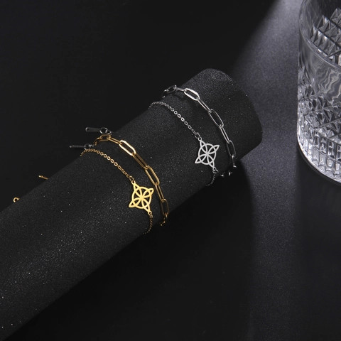 Celtic Witch Knot Double Layer Bracelet 304 Stainless Steel Hollow Flower Paperclip Chain Jewelry For Women