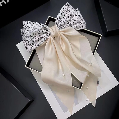 Große Haarschleife Clip Satin Stoff Blumendruck Mit Imitationsperle Lange Band Französisch Vintage Haarspange Für Frauen