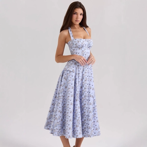 Abito Maxi Floreale Allacciato Collo Schiena Scoperta Donna Aderente Bottoni Davanti Elegante Senza Maniche Poliestere