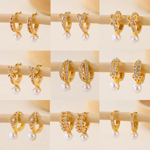 Mode Kupfer Vergoldet Künstliche Perle Zirkonia Creolen Für Damen Elegante Herz Schmetterling Geometrische Strass Huggie Ohrringe Schmuck Geschenk