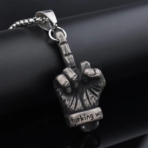 Middle Finger Hand Gesture Pendant Necklace Retro Aged Stainless Steel Punk Rock Jewelry For Men Women