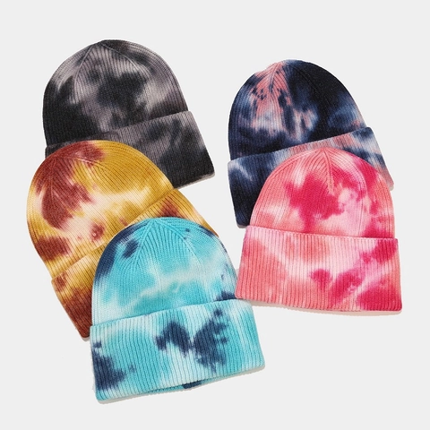 Beanie Hat Knit Tie-dye Cuffed Winter Warm Outdoor Colorful Women Soft Core Spun Yarn Skull Cap