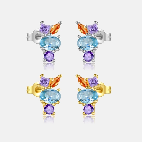 925 Sterling Silver Multi Color Zirconia Stud Earrings Fashion Geometric Cluster Small Delicate Electroplated Jewelry For Women