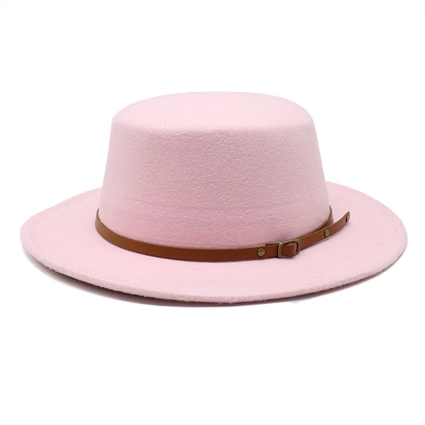Retro Britse Stijl Wollen Vilt Platte Boater Hoed Met Leren Riem Decoratie Voor Heren En Dames