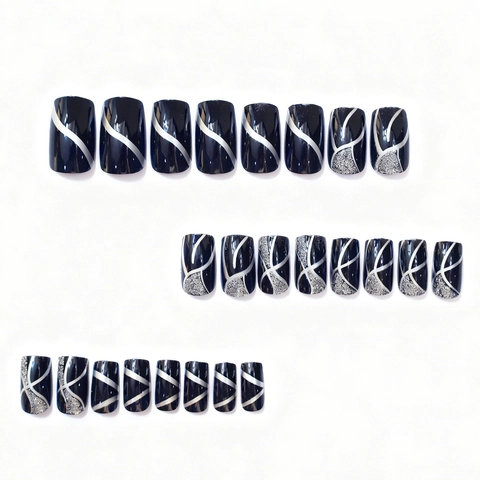 Press On Nails Navy Blue With Silver Glitter And Wavy Lines Medium Square Artificial False Nails For Women Fashion