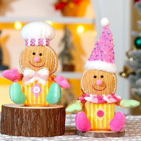Jouet Peluche Bonhomme Pain Epice Noël Ornement Lumineux LED Tissu Tricoté Velours Côtelé Décoration Table Cadeau Fête
