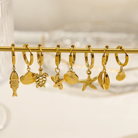 Stainless Steel 14K Gold Plated Hoop Earrings Marine Sea Life Charms Starfish Shell Dolphin Summer Beach Style For Women
