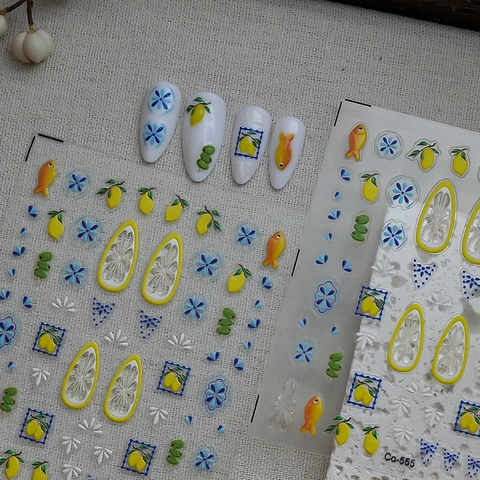 Adesivi Per Unghie In Rilievo 5D Limone Frutta Pesce Fiore Stile Boho Autoadesivi Impermeabili Decorazione Per Manicure