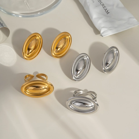 Minimalist Oval Geometric Jewelry Stainless Steel 18K Gold Plated Waterproof Open Adjustable Ring And Stud Earrings For Women