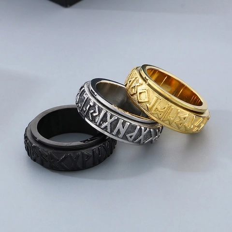 Noorse Runen Spinner Ring Voor Heren Retro Viking Roestvrij Staal Draaibare Band Ring Punk Stijl Sieraden