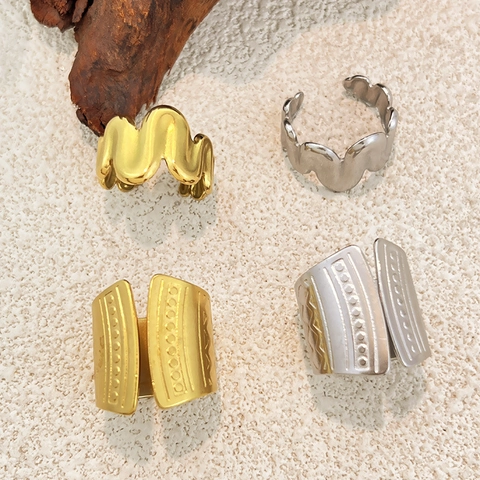 Edelstahl Unregelmäßiger Wellenring Geometrische Punktrelief Breite Verstellbare Ringe Minimalistischer Schmuck Für Frauen