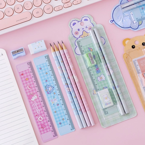 Cartoon School Supplies Wood Pencils Plastic Ruler Eraser Sharpener Kids Students Learning Gifts Cute Animal Themes