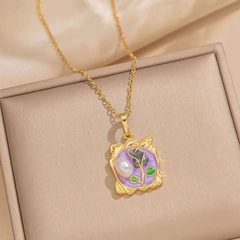 Collana Con Pendente Barocco Retro Francese Acciaio Al Titanio Smalto Fiore Perla Artificial Gioielli Eleganti Vintage Per Donna