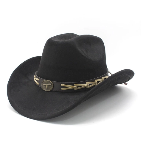 Western Cowboy Hat Faux Suede Wide Brim Retro Ethnic Style With Metal Bull Head Buckle Belt Decoration For Unisex