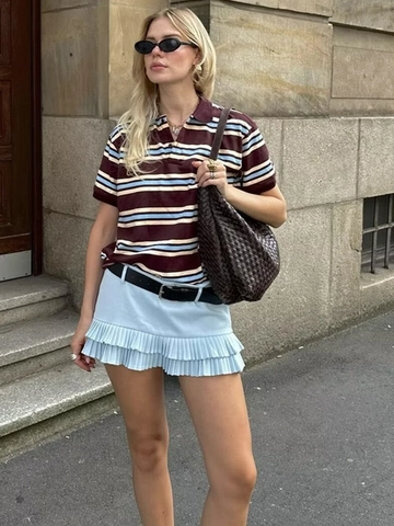 Gestreiftes Polo-Shirt Und Plissierter Minirock Polyester-Spandex-Mischung Lässige Streetwear Preppy-Stil Damen Retro-Mode