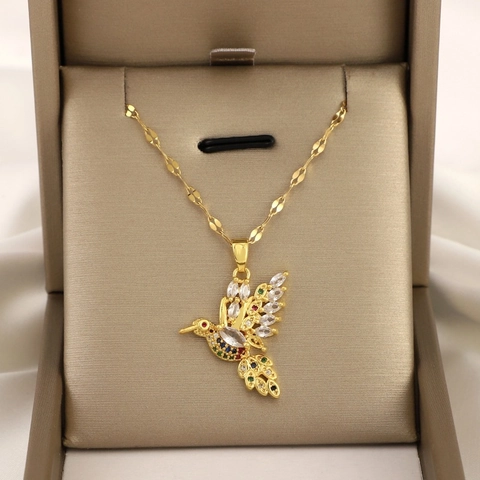 Collier Pendentif Colibri Zircone Cubique Coloré Cuivre Micro-Pavé Bijoux Pour Femmes Design De Niche Élégant