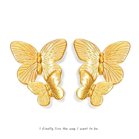 Butterfly Stud Earrings Double Layer Textured Titanium Steel PVD Gold Plated Korean Style Elegant Jewelry For Women