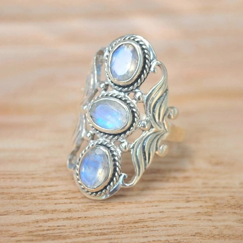 Vintage Alloy Ring With Three Oval Imitation Moonstones Ethnic Carved Hollow Pattern Retro Jewelry For Women