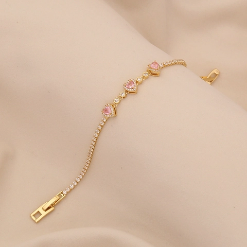 Elegant Gold Plated Copper Bracelet With Heart Zircon And Mother Of Artificial Pearl Flower Tennis Chain Jewelry For Women