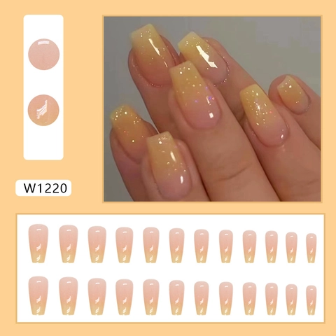 Press On Nails Gradient Yellow Pink Glitter Coffin Shape Ballerina Style Glossy Jelly Texture Manicure For Women