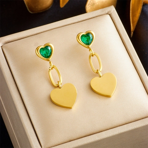 Vintage Heart Drop Earrings Gold Plated Titanium Steel Long Dangle With Zircon Heart Stainless Steel Earring Post Women