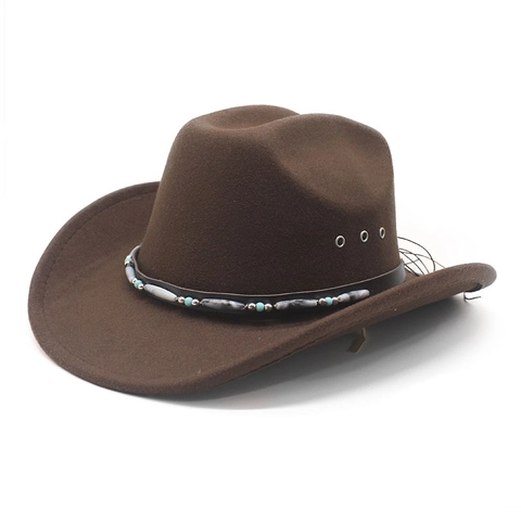 Westerse Cowboyhoed Vilt Met Etnische Kralenriem Brede Rand Zonbescherming Outdoor Boheems Unisex Jazz Pet