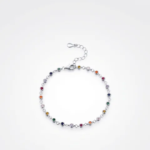 925 Sterling Silver Multi Color Round Zircon Bracelet Rainbow Bezel Set Adjustable Chain Jewelry For Women Elegant Fashion