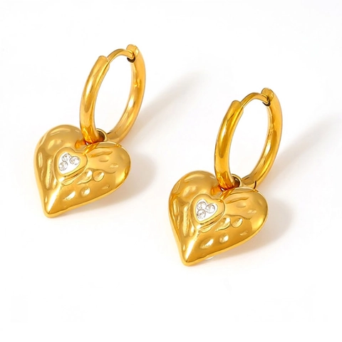 Vintage Hammered Heart Hoop Earrings Titanium Steel Rhinestone 18K Gold Plated Heart Shaped Earrings For Women Jewelry Gift