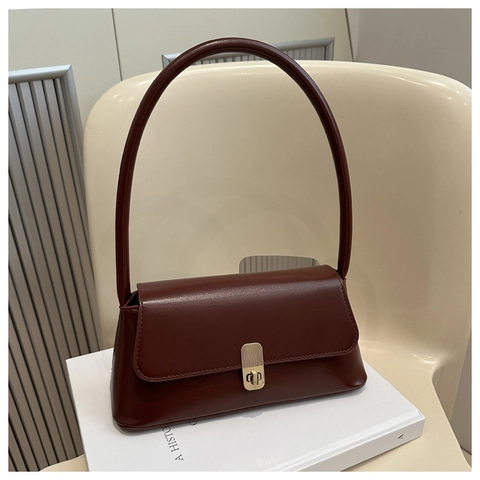 Women PU Leather Underarm Baguette Bag Minimalist Rectangular Shoulder Bag With Metal Lock For Daily Commuter Fashion