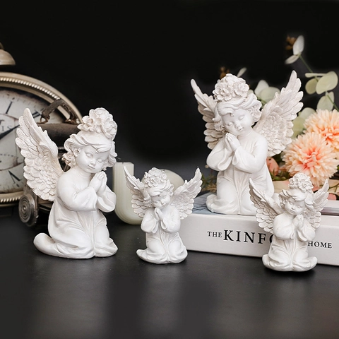 European Style Praying Cherub Angel Sculpture Figurine Resin Desktop Ornament Retro White Home Decor Office Art Gift