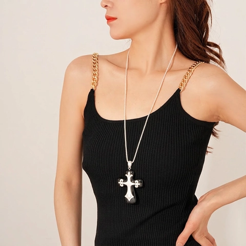 Collana Con Pendente A Croce Gotica Retro Resina Nera Lega Argento Catena Lunga Gioielli Donna Uomo
