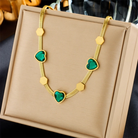 Collana Con Ciondolo A Cuore Placcata Oro Acciaio Inossidabile Catena A Serpente Zircone Verde Gioielli Da Donna