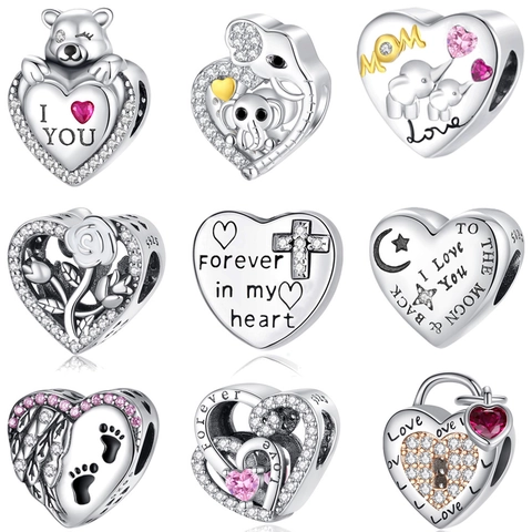 Heart Charm Bead 925 Sterling Silver Cubic Zirconia Engraved Love Mom Elephant Pendant For Bracelet Jewelry Making