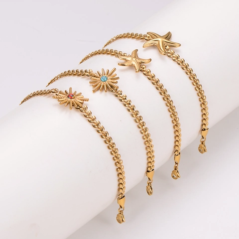Bracciale Ciondolo Stella Marina Sole Catena Foglia Spiga Acciaio Inossidabile 304 Placcato Oro 18K Pietra Turchese
