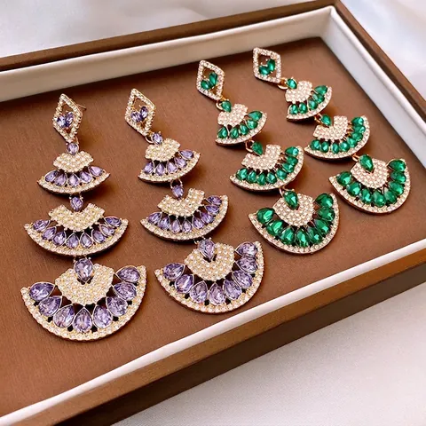 Luxe Gelaagde Waaiervormige Hangoorbellen Met 925 Sterling Zilveren Oorknopje Legering Strass Voor Dames Feest