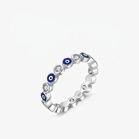 925 Sterling Silber Böser Blick Ring Für Frauen Blau Emaille Zirkonia Ewigkeit Band Funkelnd Minimalistischer Schmuck Geschenk