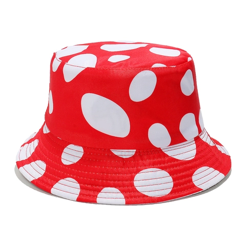 Rode Gestippelde Paddestoel Vissershoed Omkeerbaar Polyester Zonbescherming Casual Outdoor Zonnehoed Voor Heren Dames