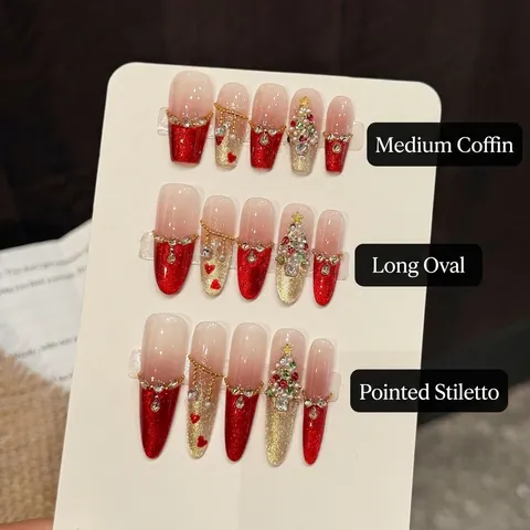 Christmas Red Gold Press On Nails Handmade Luxury Rhinestone Pearl Christmas Tree Heart Long Stiletto Oval Reusable Nails