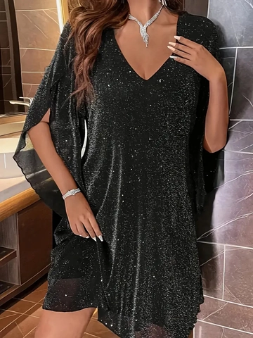 Plus Size Pailletten V Ausschnitt Umhang Schlitz Ärmel Mini Party Kleid Für Frauen Elegant Abend Bankett Nobel