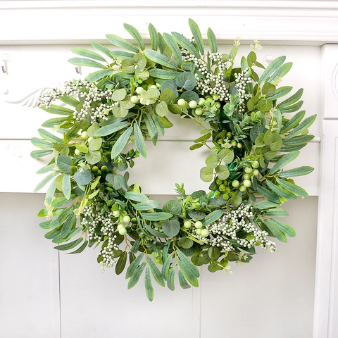 Corona Artificial De Eucalipto Y Bayas Hojas Verdes Bayas Blancas Para Puerta Principal Pared Decoración Rústica Natural