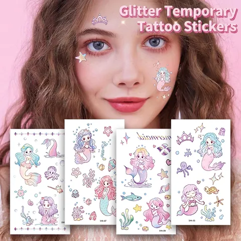 Tatuaggi Temporanei Glitterati Adesivi Sirena Unicorno Farfalla Impermeabile Body Art Cartoni Animati Per Bambini Ragazze